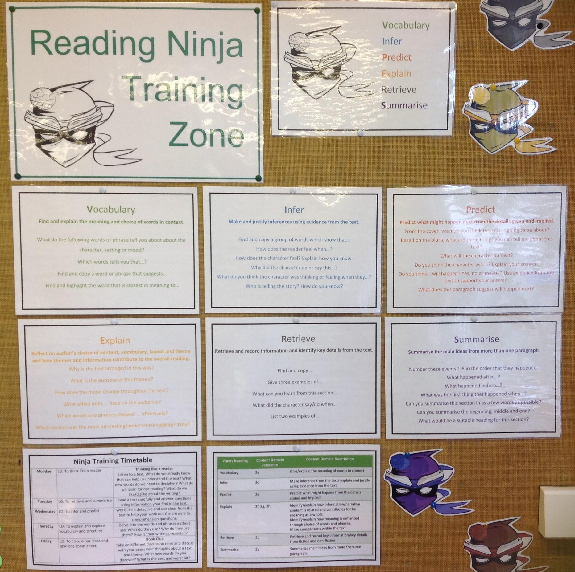 Our Reading Ninja board showing different domains and question types